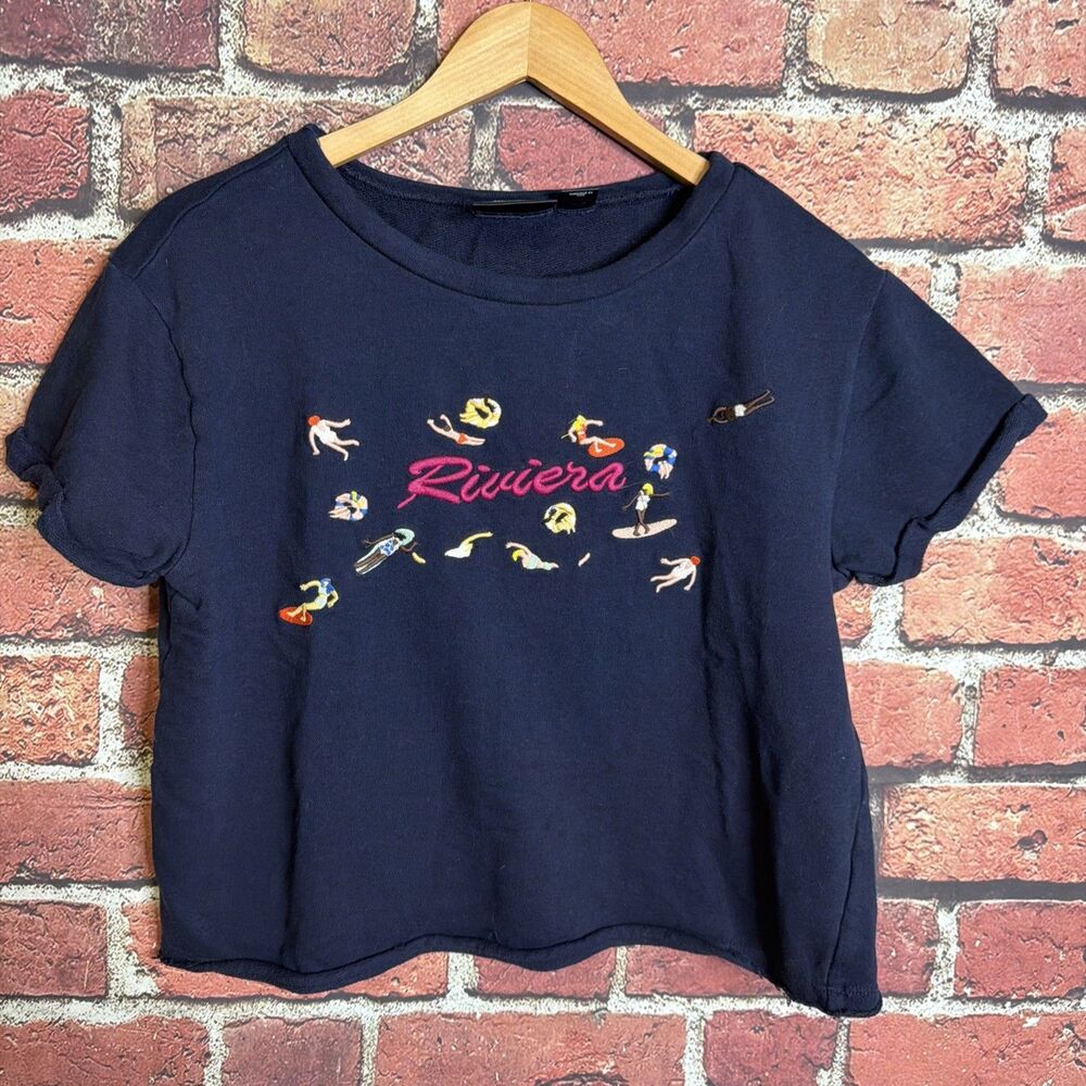 Anthropologie Maeve Embroidered Tee S Navy Swimmers Beachcore Resort Boxy Top